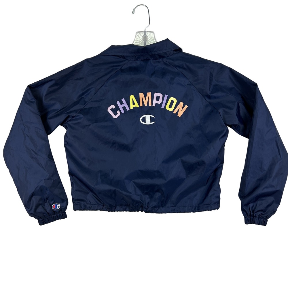 Champion Windbreaker Jacket Womens Small Navy Blue Snap Button Logo Lightweight‎